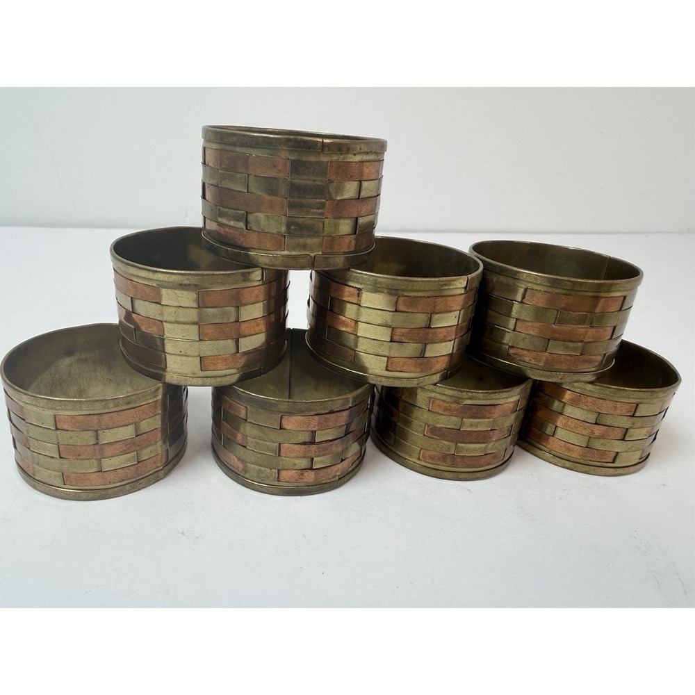 Set of 8 Brass and Copper Woven Napkin Holder Rings Vintage Kitchen Decor